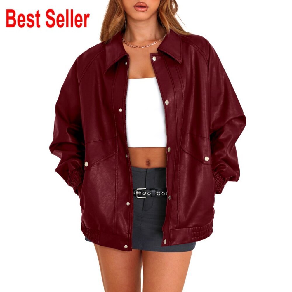 Oversized Faux Leather Motorcycle Jacket with Zip Up and Pockets